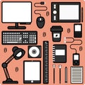 Items for the workplace. Computer, technical devices and stationery. Wallpaper vector illustration Royalty Free Stock Photo